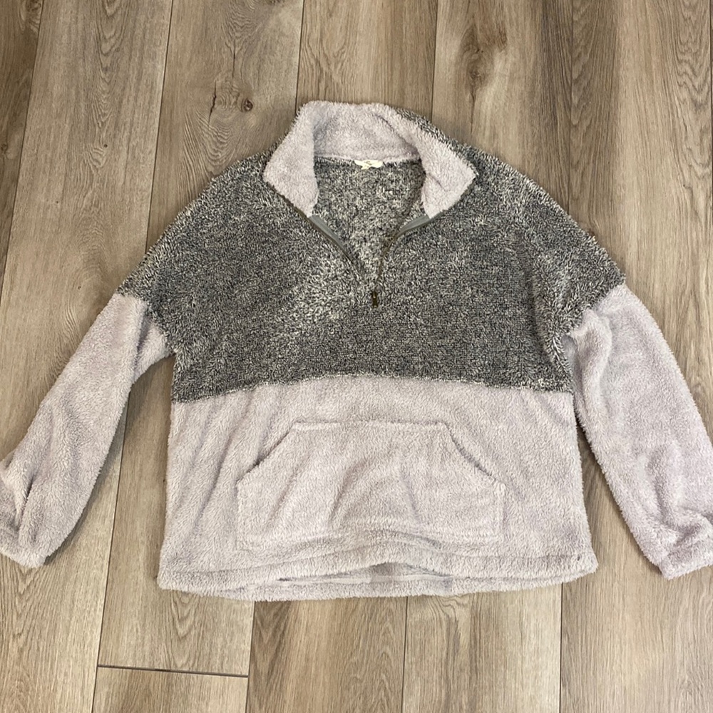 Oversized Sherpa Quarter Zip Grey Color Block Sweatshirt